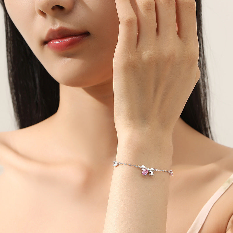 Pink White Crystal Ribbon Bracelet by Silphina