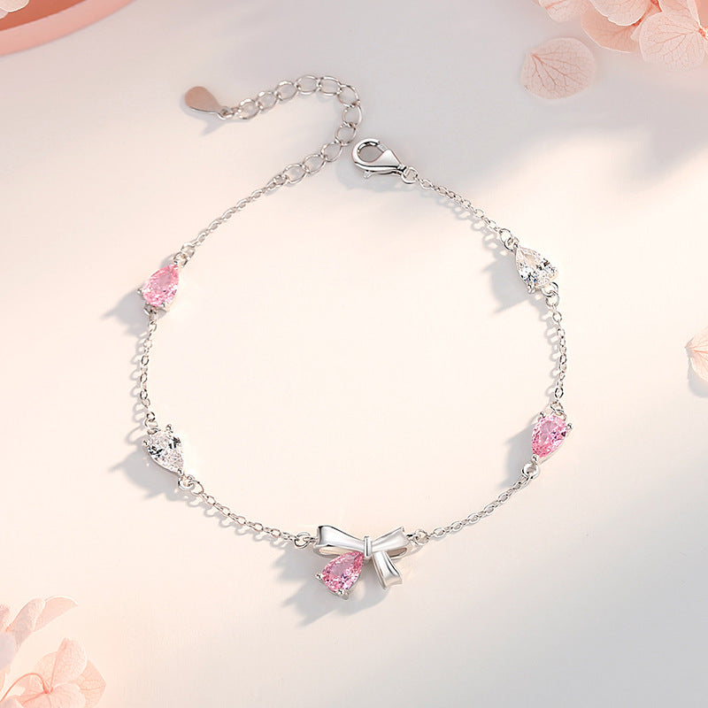 Pink White Crystal Ribbon Bracelet by Silphina