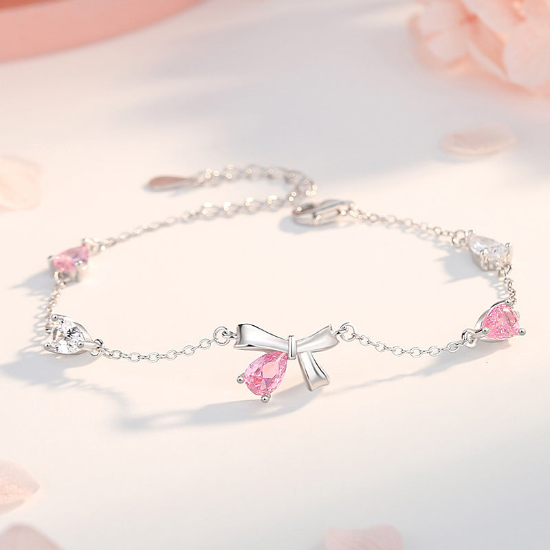 Pink White Crystal Ribbon Bracelet by Silphina