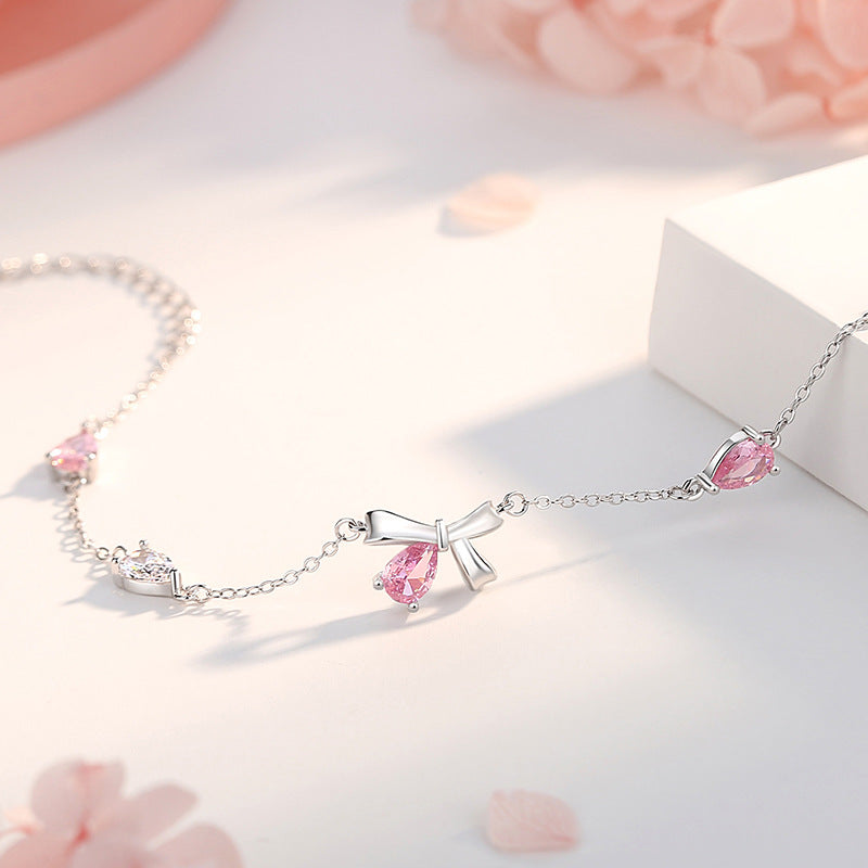 Pink White Crystal Ribbon Bracelet by Silphina