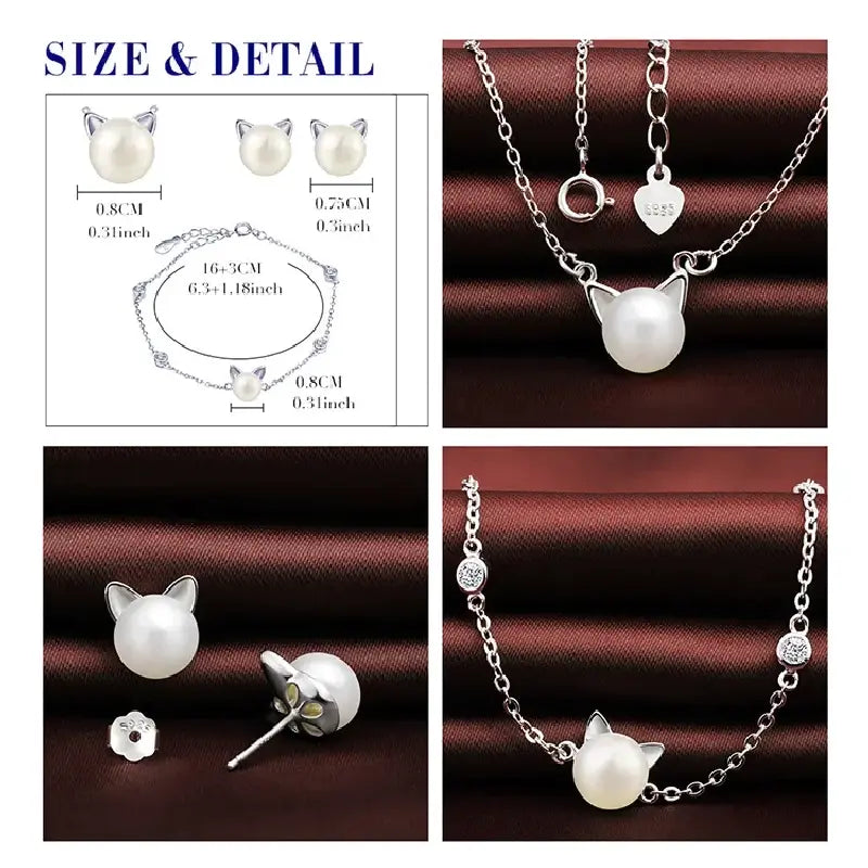 Cute Cat Pearl Necklace Set by Silphina