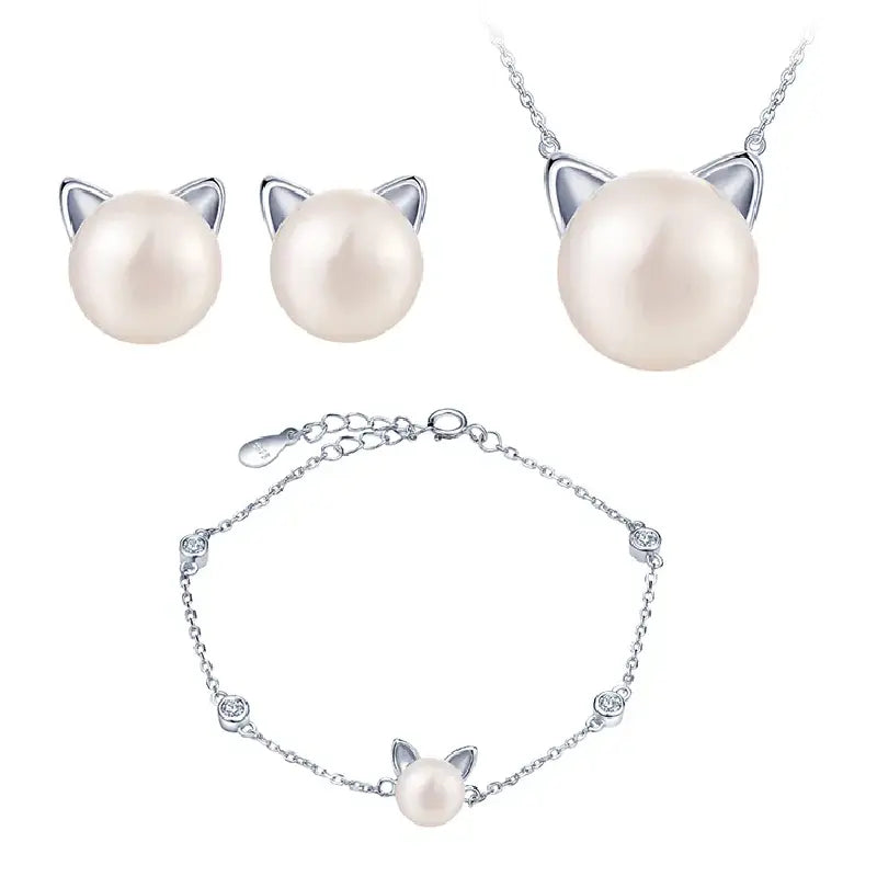 Cute Cat Pearl Necklace Set with Earrings and Bracelet