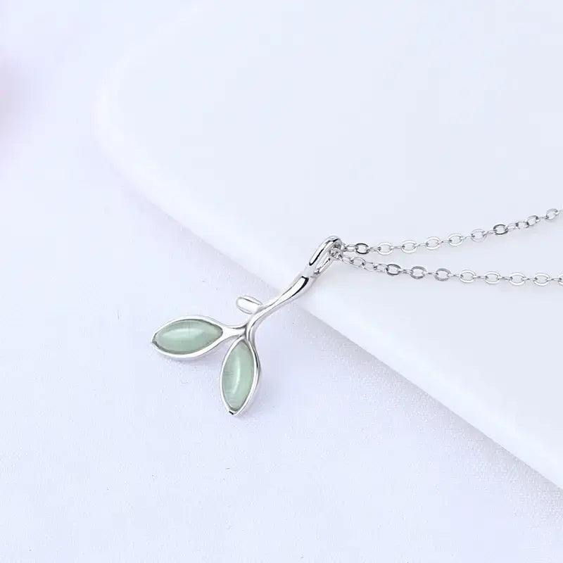 Green Opal Leaves Sterling Silver Necklace