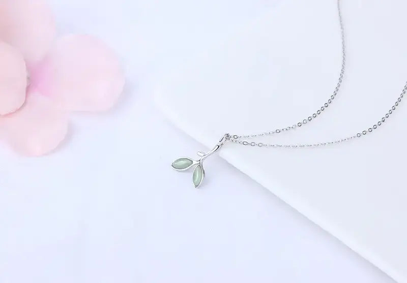 Green Opal Leaves Sterling Silver Necklace