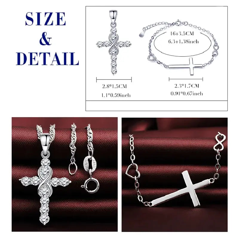 Silver Cross Infinity Love Necklace set with Bracelet