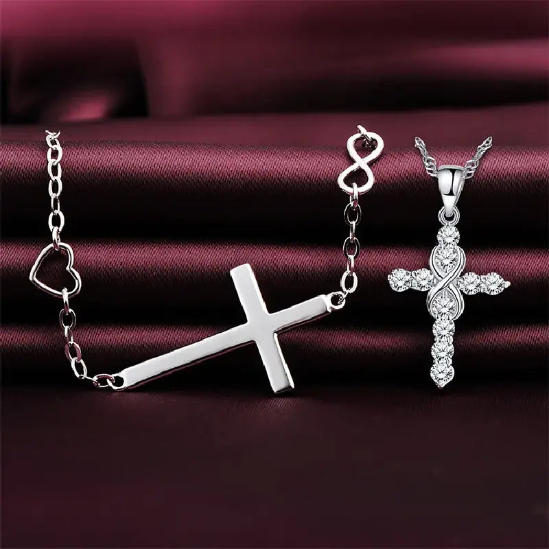 Silver Cross Infinity Love Necklace set with Bracelet